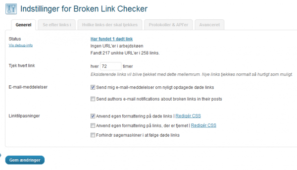Instillinger for Broken Link Checker